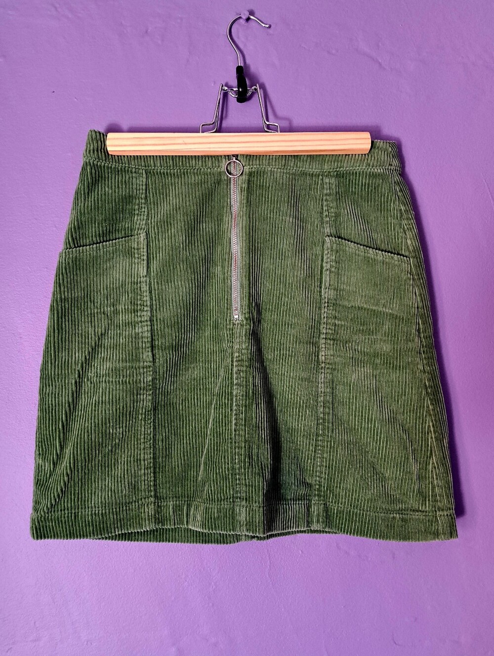 twik Moss Green Corduroy Front-Zip Mini Skirt